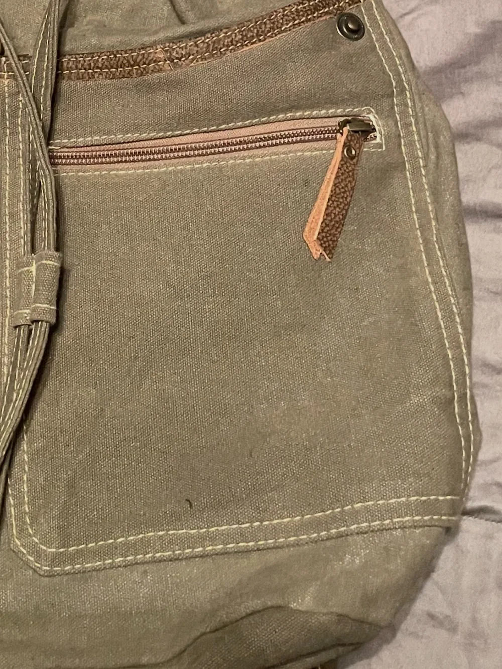 Canvas Flap Backpack in Olive Green with White Print